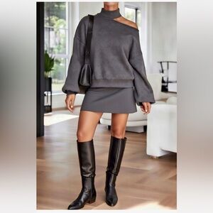 Vince Camuto Cutout Shoulder High neck Sweater Bishop Sleeves Dark Grey Large